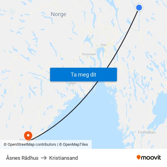 Åsnes Rådhus to Kristiansand map