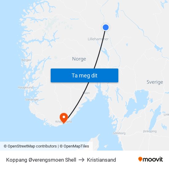 Koppang Øverengsmoen Shell to Kristiansand map