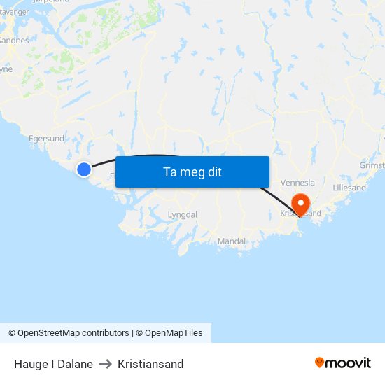 Hauge I Dalane to Kristiansand map