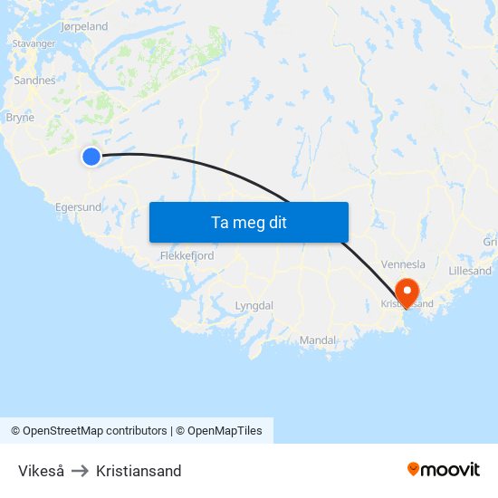 Vikeså to Kristiansand map