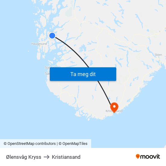 Ølensvåg Kryss to Kristiansand map