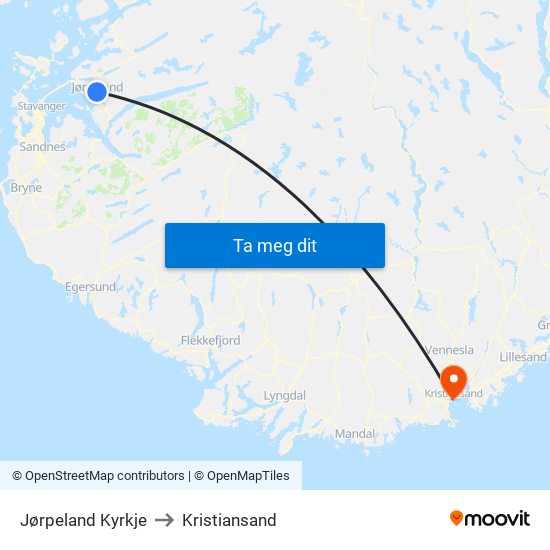 Jørpeland Kyrkje to Kristiansand map