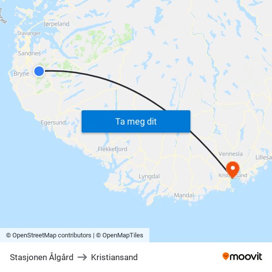 Stasjonen Ålgård to Kristiansand map