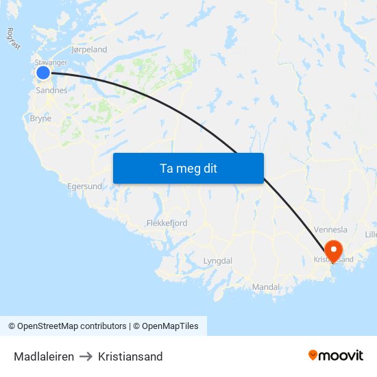 Madlaleiren to Kristiansand map