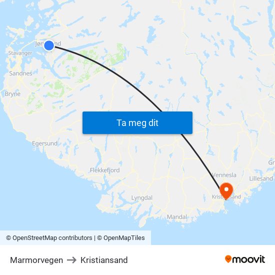 Marmorvegen to Kristiansand map