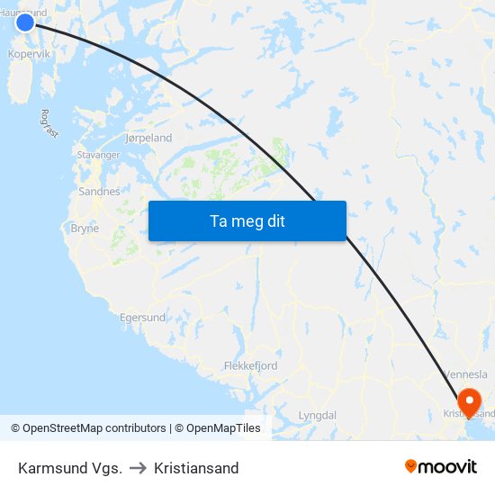 Karmsund Vgs. to Kristiansand map