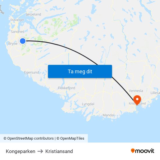 Kongeparken to Kristiansand map