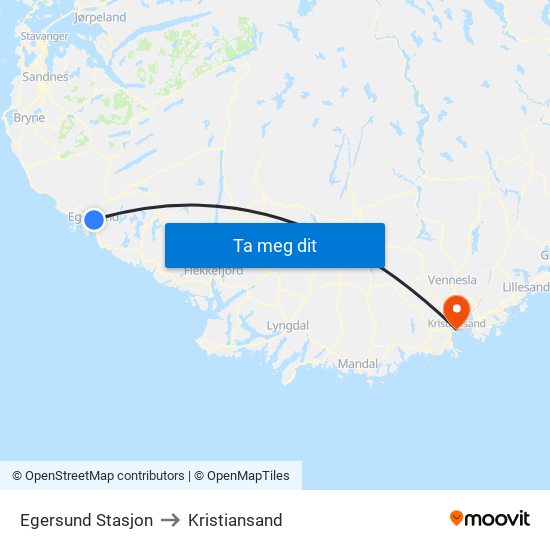 Egersund Stasjon to Kristiansand map