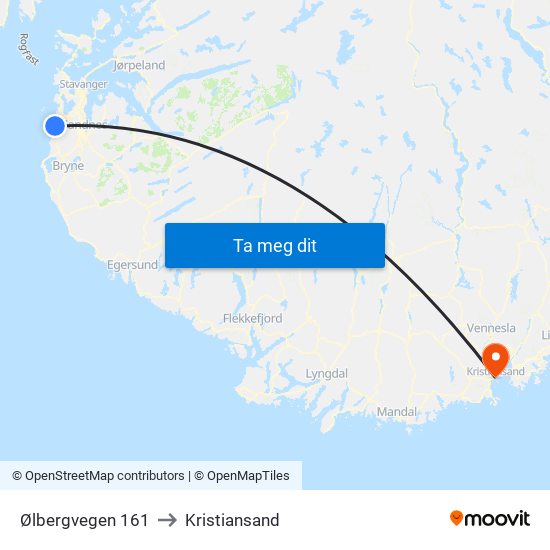 Ølbergvegen 161 to Kristiansand map