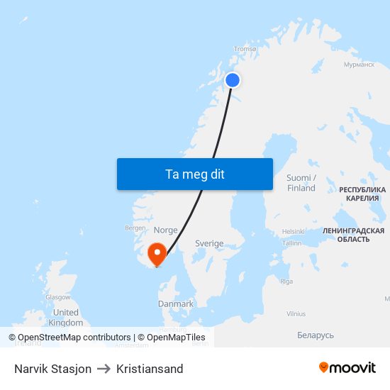 Narvik Stasjon to Kristiansand map
