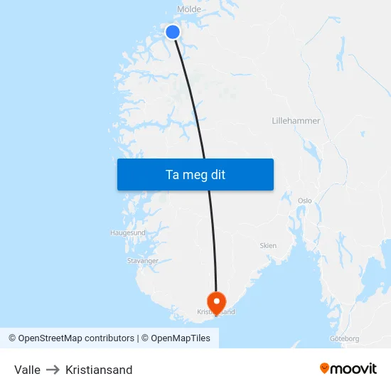 Valle to Kristiansand map