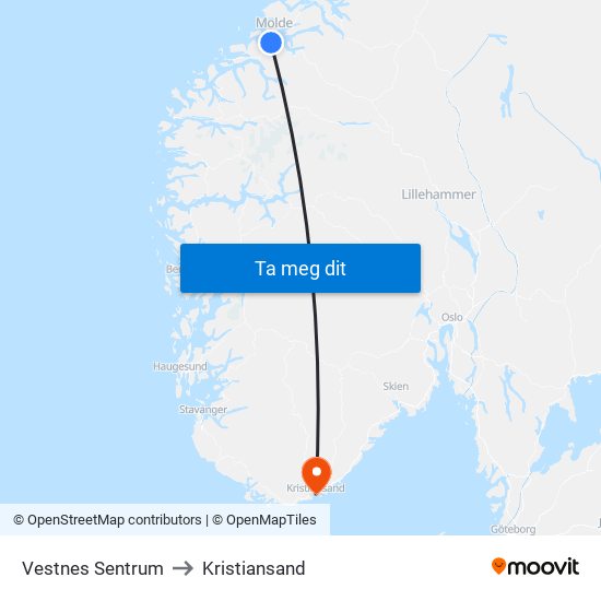 Vestnes Sentrum to Kristiansand map