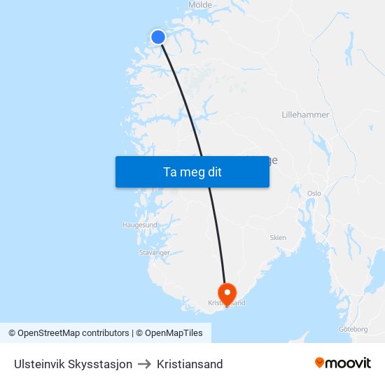 Ulsteinvik Skysstasjon to Kristiansand map