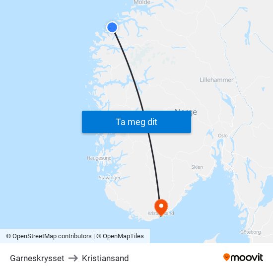 Garneskrysset to Kristiansand map