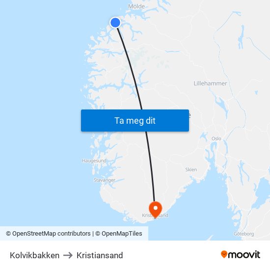 Kolvikbakken to Kristiansand map