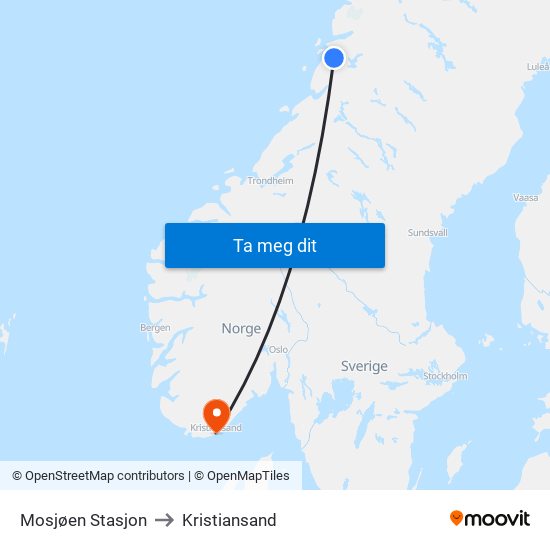 Mosjøen Stasjon to Kristiansand map