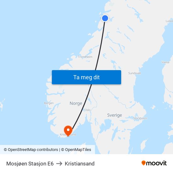 Mosjøen Stasjon E6 to Kristiansand map