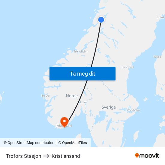 Trofors Stasjon to Kristiansand map