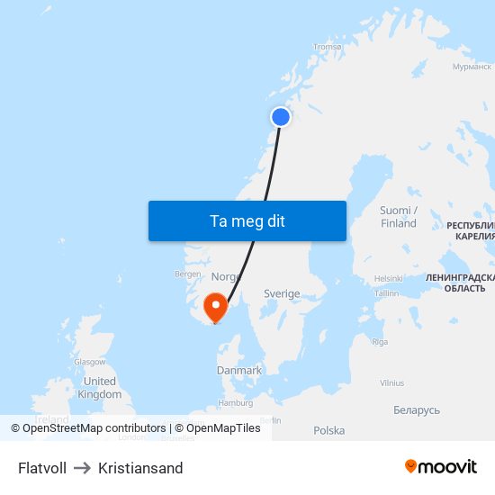 Flatvoll to Kristiansand map