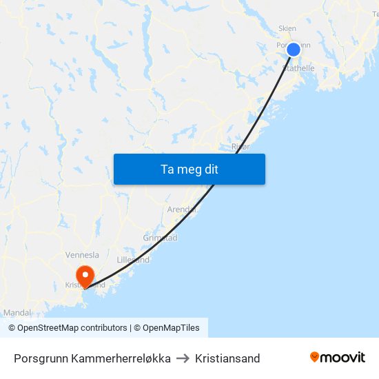 Porsgrunn Kammerherreløkka to Kristiansand map