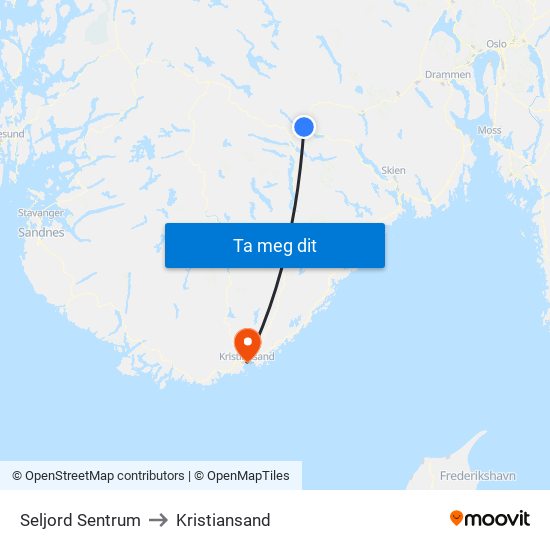 Seljord Sentrum to Kristiansand map