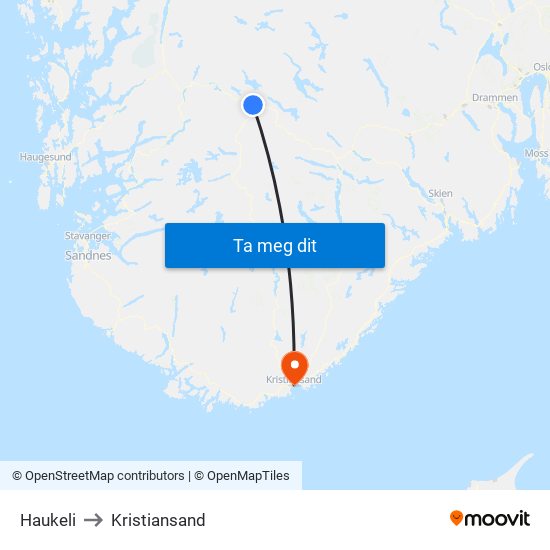 Haukeli to Kristiansand map