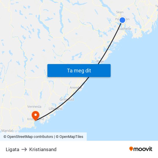 Ligata to Kristiansand map