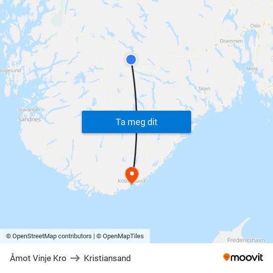 Åmot Vinje Kro to Kristiansand map