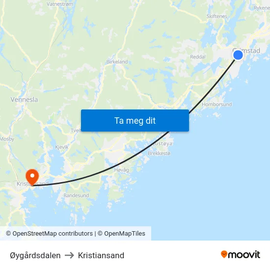 Øygårdsdalen to Kristiansand map
