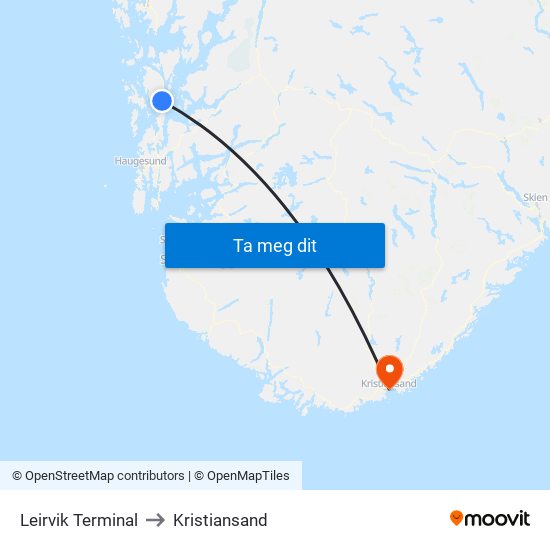 Leirvik Terminal to Kristiansand map