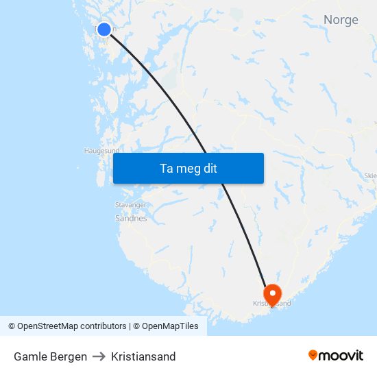 Gamle Bergen to Kristiansand map