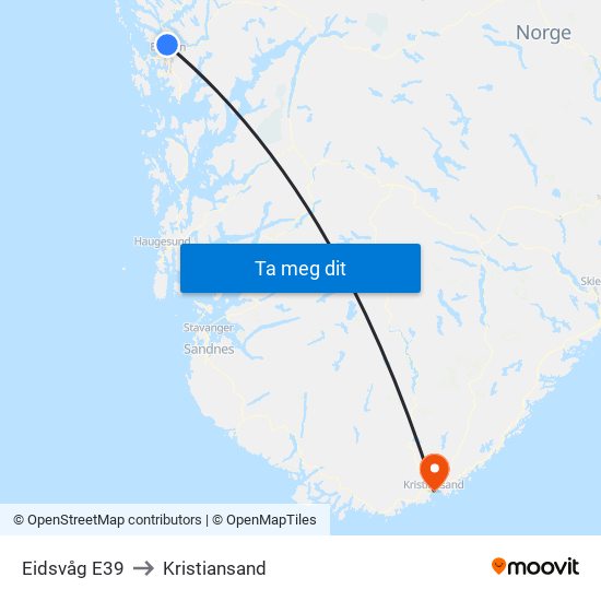Eidsvåg E39 to Kristiansand map
