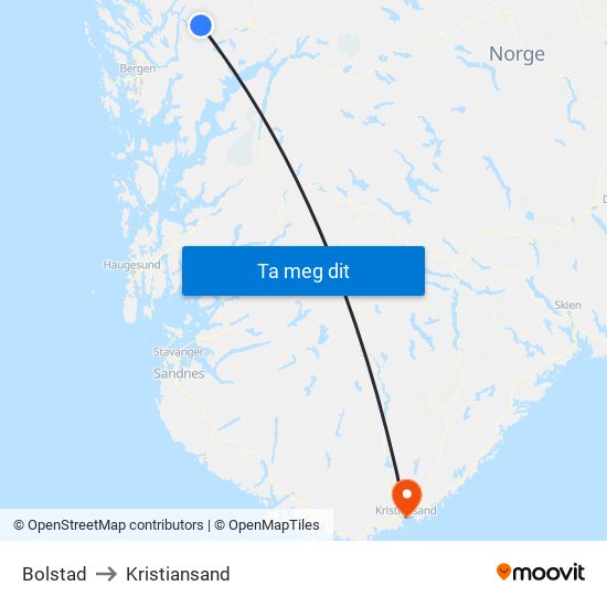 Bolstad to Kristiansand map