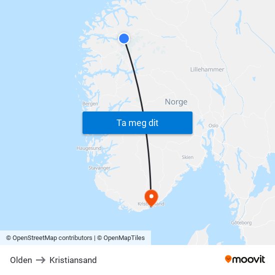 Olden to Kristiansand map