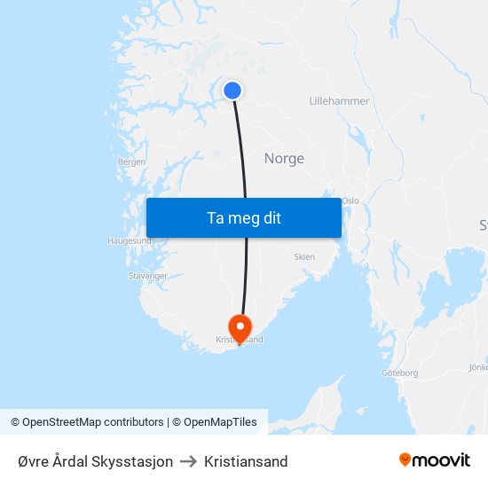 Øvre Årdal Skysstasjon to Kristiansand map