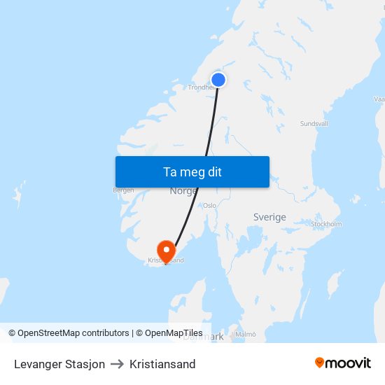 Levanger Stasjon to Kristiansand map