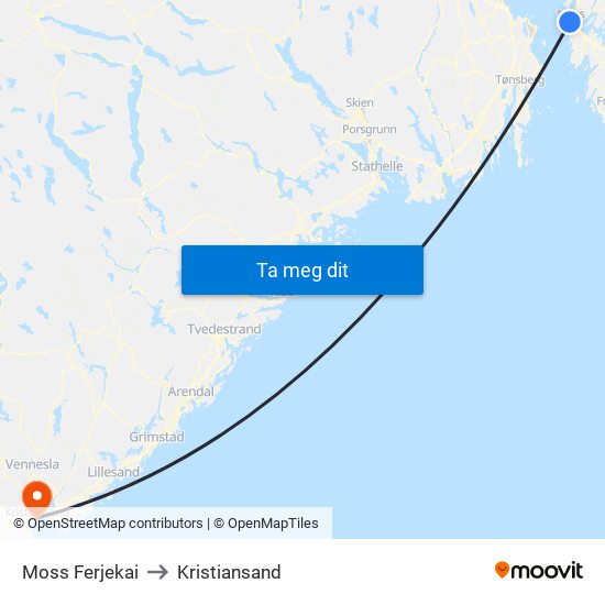 Moss Ferjekai to Kristiansand map