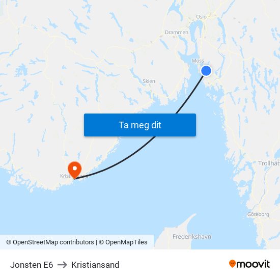 Jonsten E6 to Kristiansand map