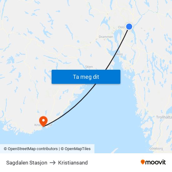 Sagdalen Stasjon to Kristiansand map