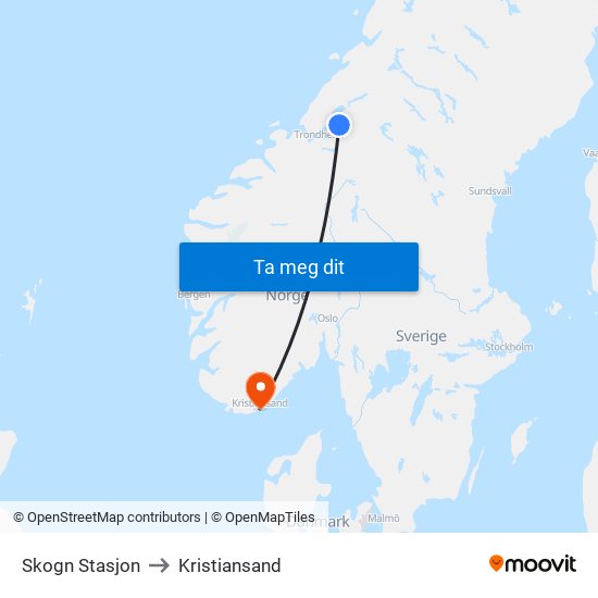 Skogn Stasjon to Kristiansand map