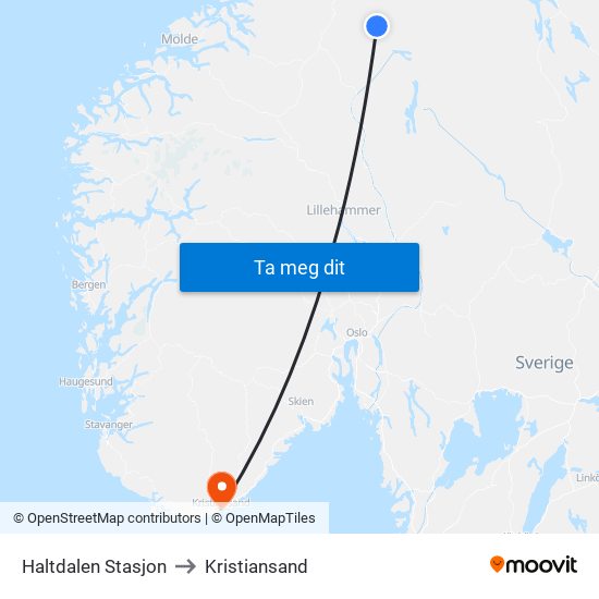 Haltdalen Stasjon to Kristiansand map