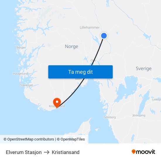 Elverum Stasjon to Kristiansand map