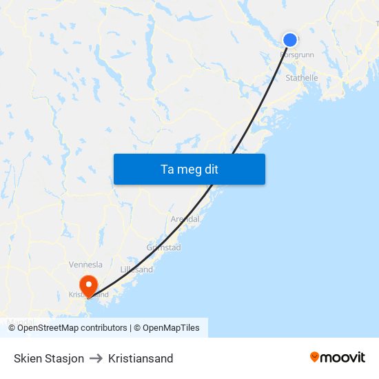 Skien Stasjon to Kristiansand map