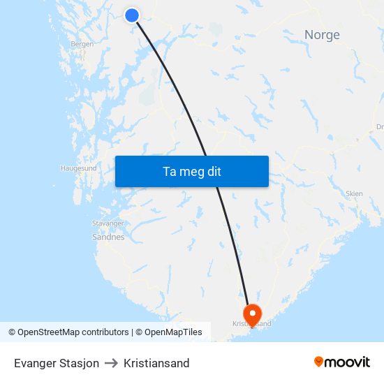 Evanger Stasjon to Kristiansand map