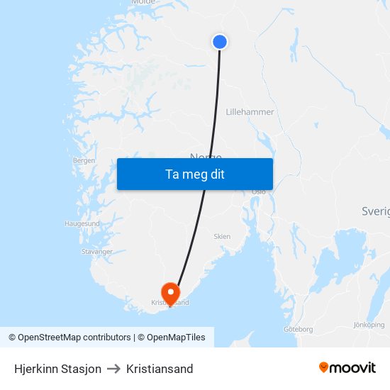 Hjerkinn Stasjon to Kristiansand map