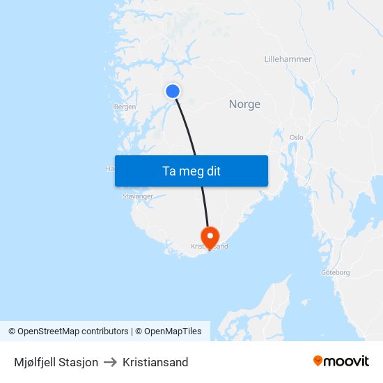 Mjølfjell Stasjon to Kristiansand map
