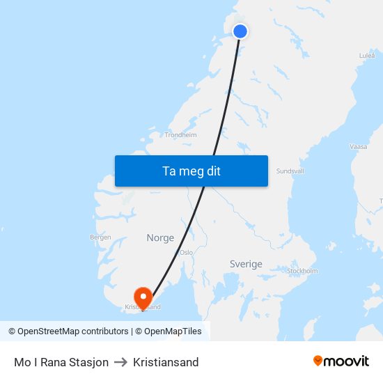 Mo I Rana Stasjon to Kristiansand map