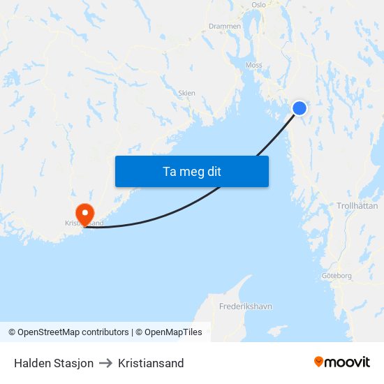 Halden Stasjon to Kristiansand map