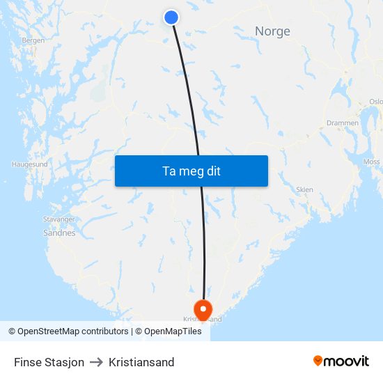 Finse Stasjon to Kristiansand map