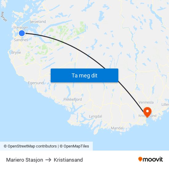 Mariero Stasjon to Kristiansand map